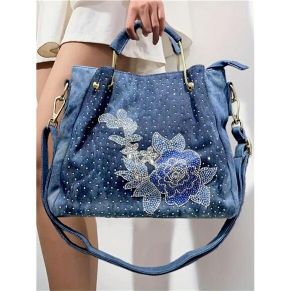 Rhinestone Denim Tote Bag Handbag - Picture 1 of 10